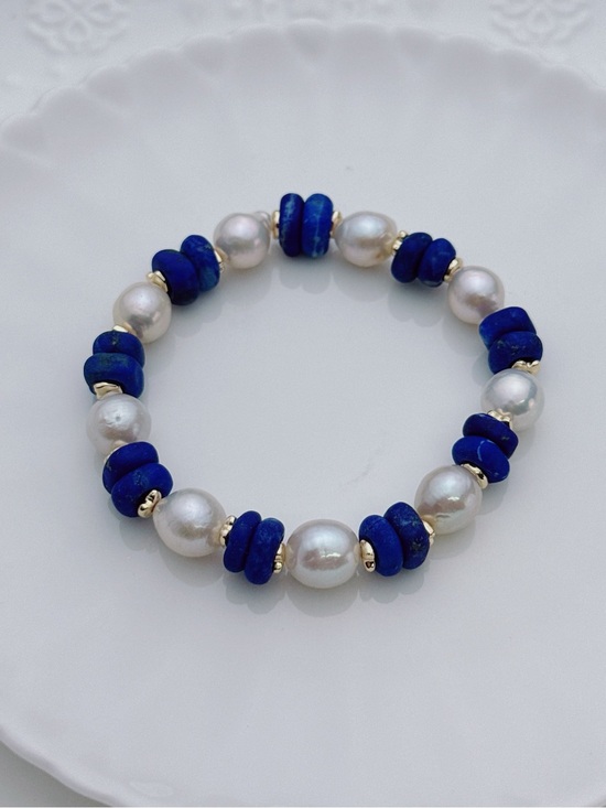Pearl Jewelry - 26B529 Handmade Freshwater Baroque Pearl Lapis Stretchable Bracelet 7” 8-9mm